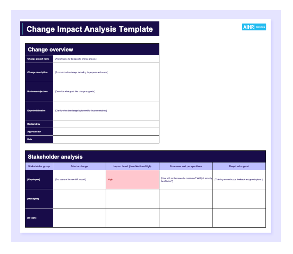 A preview of the change impact analysis template in Excel.