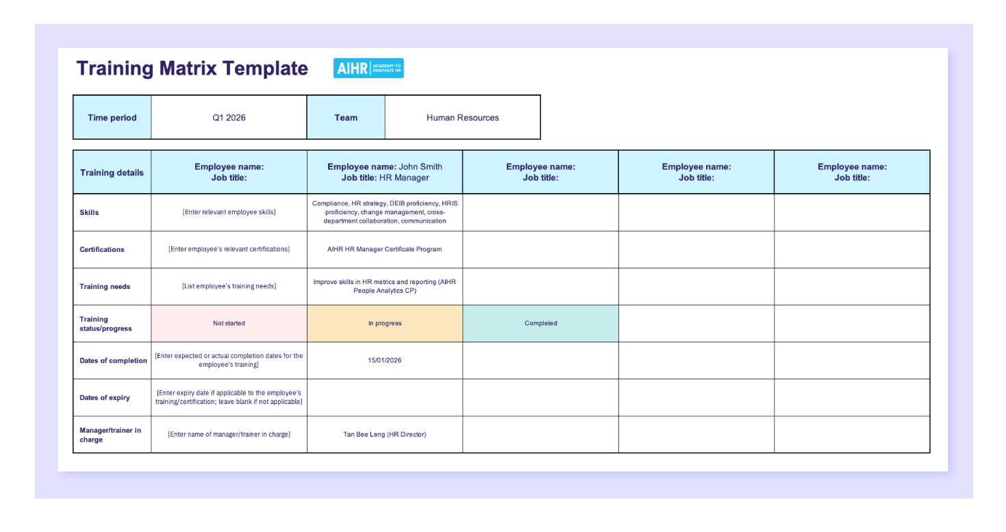 Preview of the training matrix template in Excel.