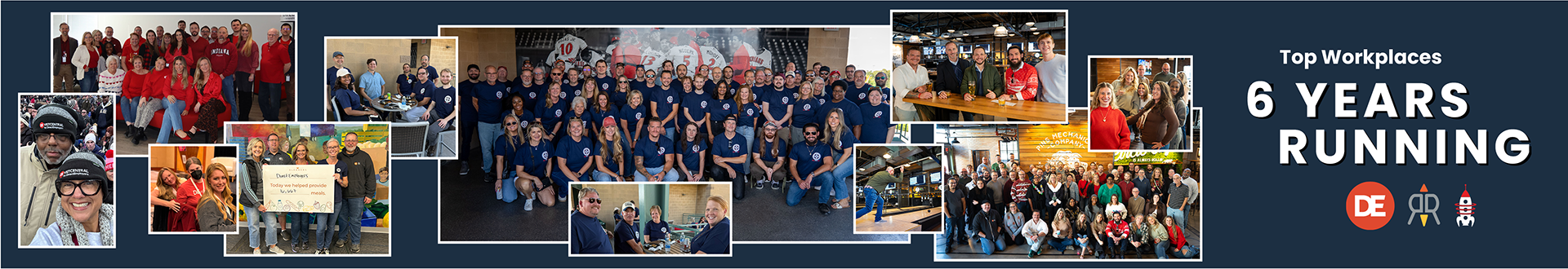 Navy blue background with the text '6 Years & Counting' followed by the DirectEmployers and Recruit Rooster icons and varying staff photos from throughout 2025