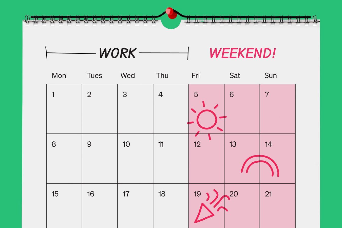 Photo illustration of a month wall calendar showing Monday through Sunday, with Friday, Saturday, and Sunday highlighted in pink and covered in drawings of a sun, rainbow, and party blower. Above the dates "Work" is drawn with arrows spanning Monday through Friday, and "Weekend" above Friday through Sunday.
