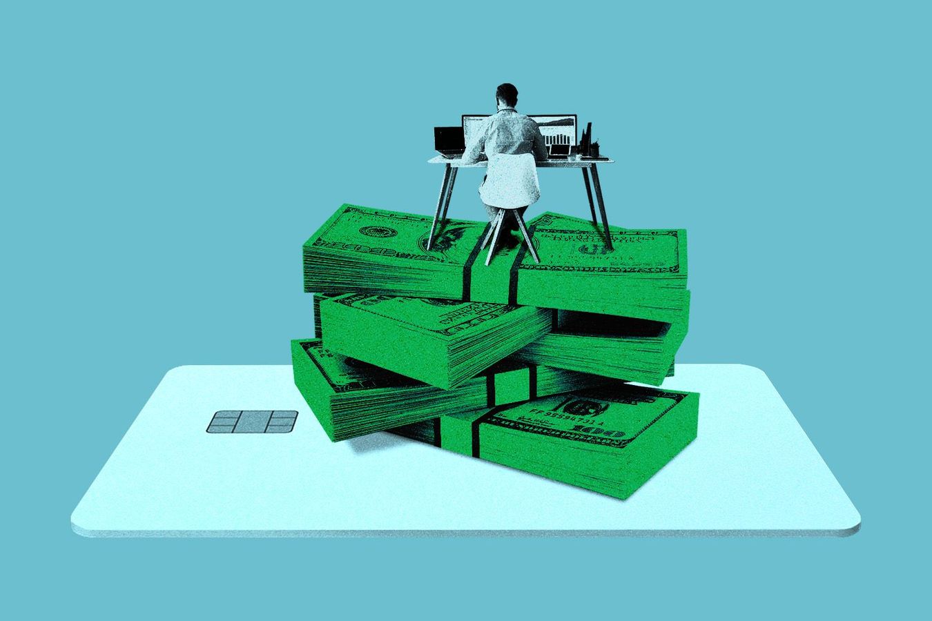 Employee working at a desk on top of stacked $100 bills sitting on a large scale credit card. Credit: Illustration: Anna Kim, Photos: Adobe Stock