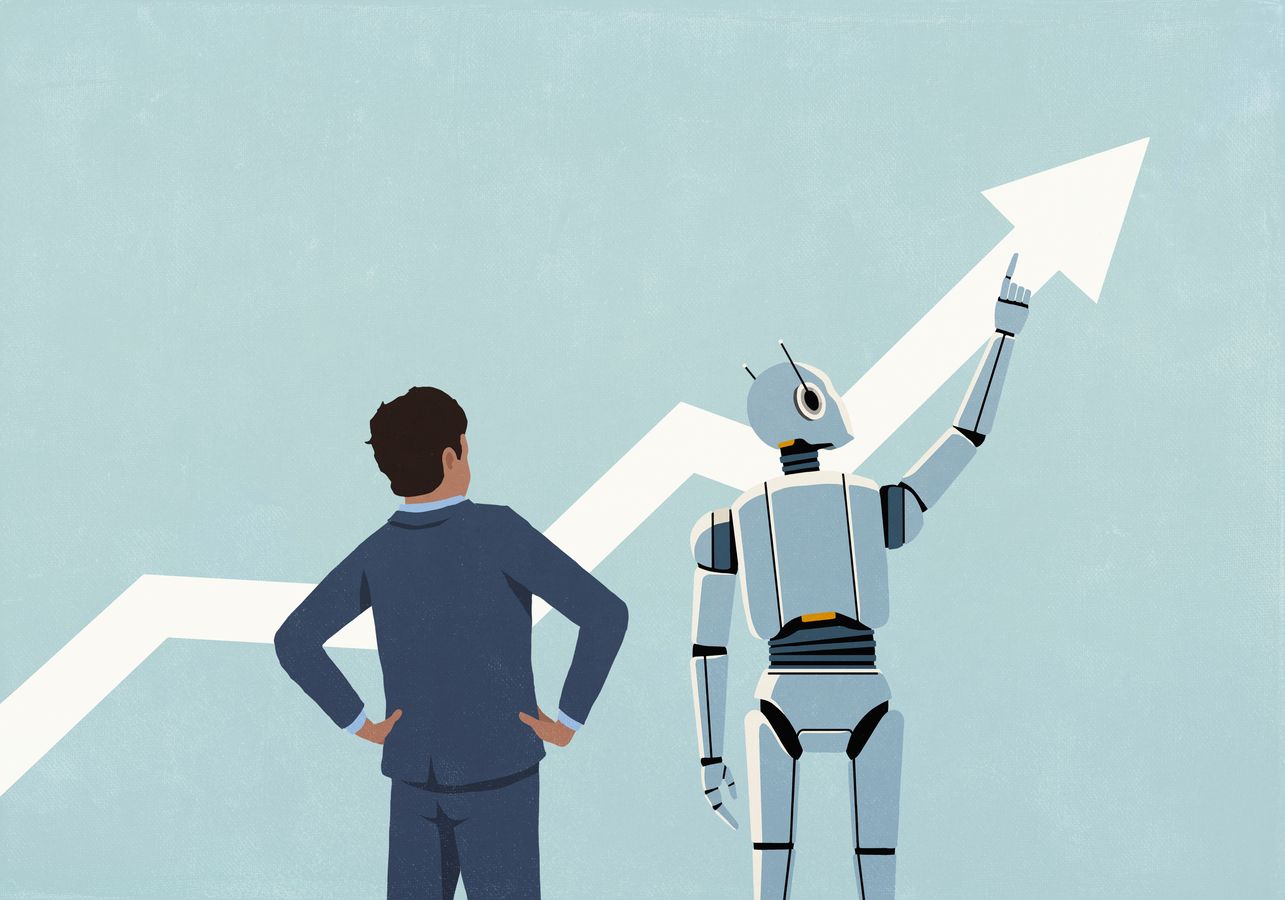 human and AI robot looking at growth in chart