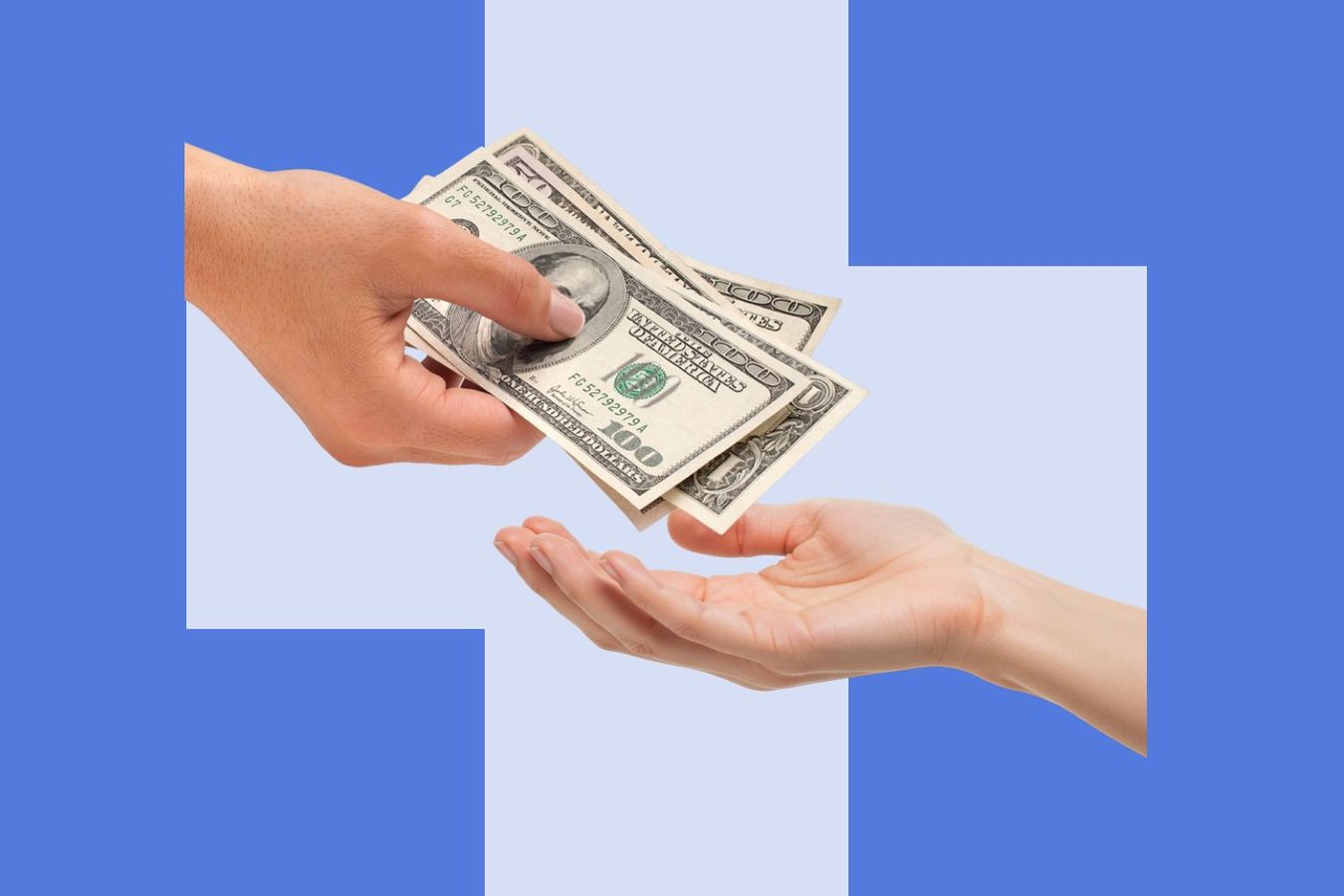 Photo collage of a Geneva Cross (universal symbol for medical assistance) in the background, with one hand giving money to another outstretched hand receiving it.