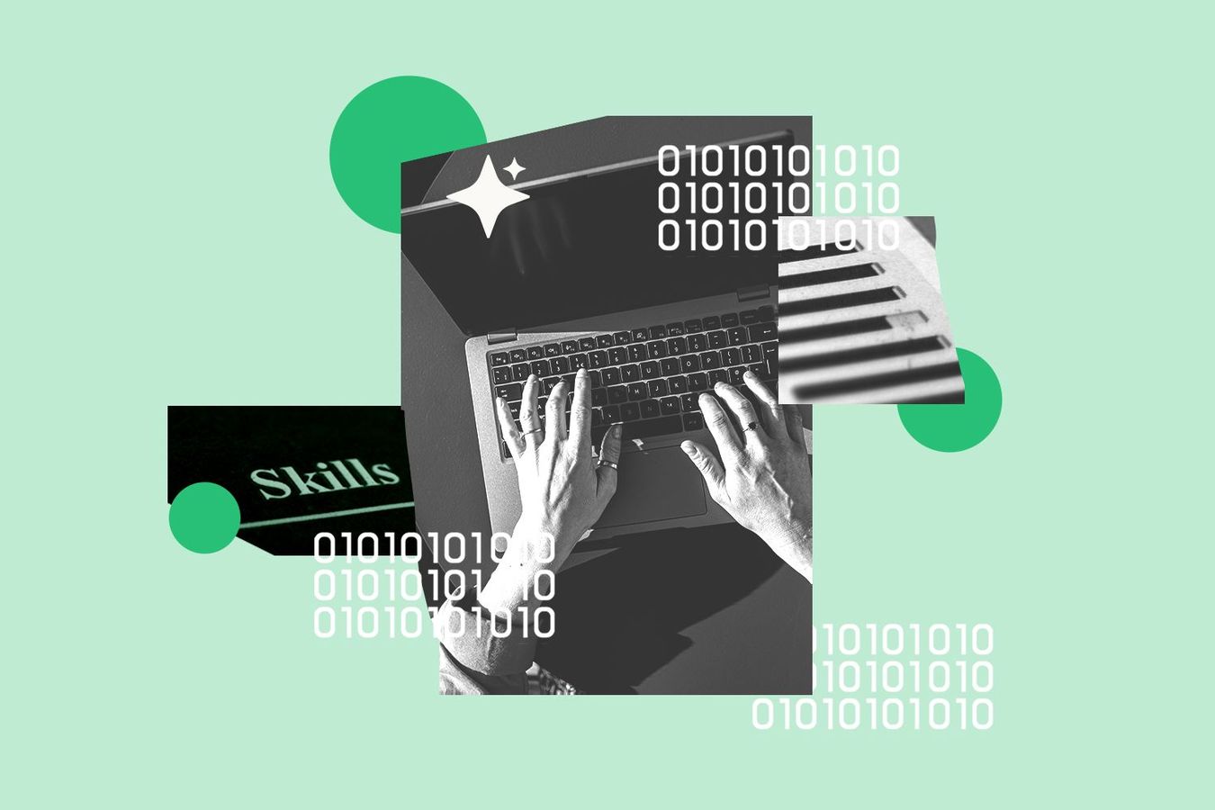 Collaged images of hands typing on laptop, skills section on resume, and binary code.