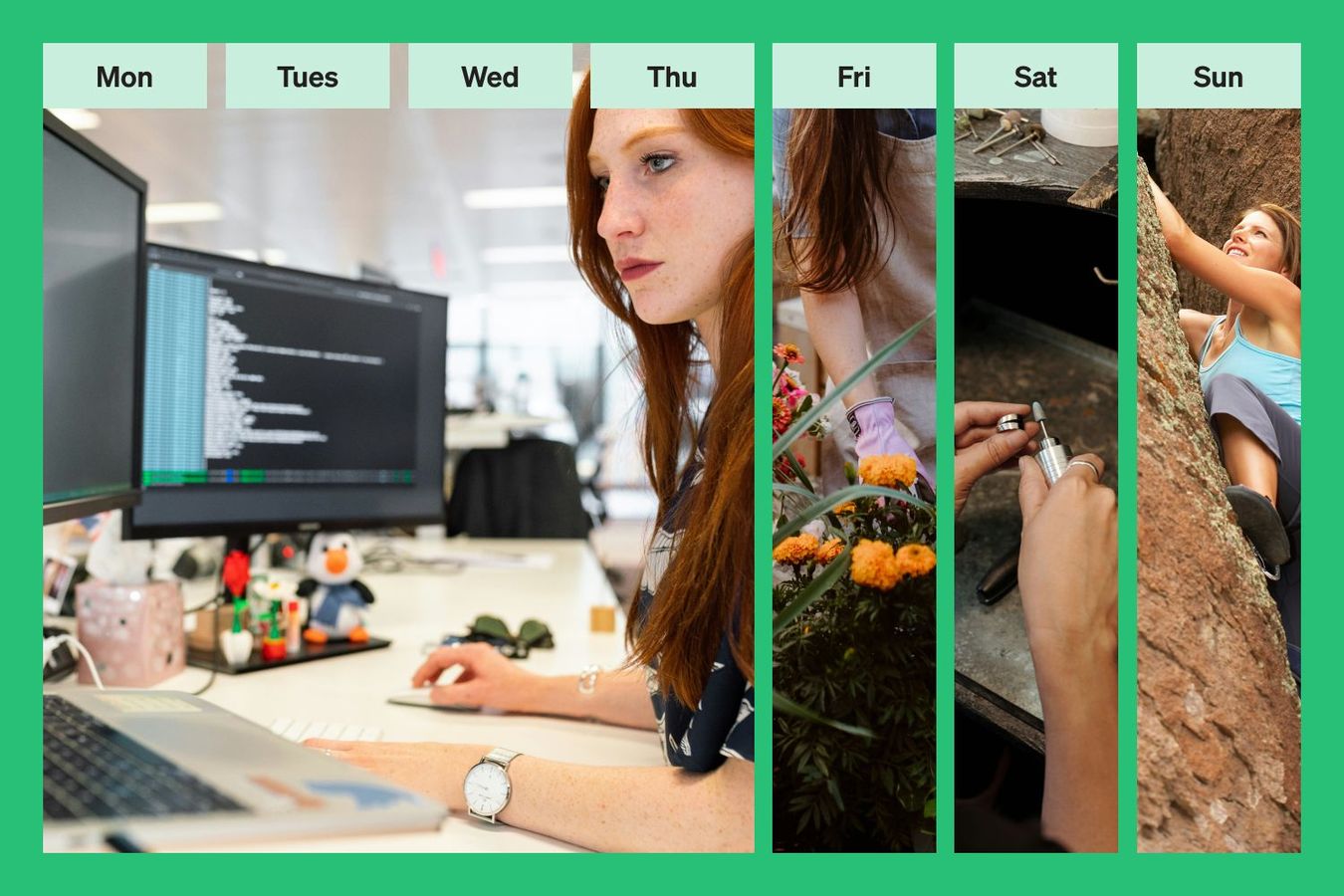 Picture of calendar with someone working Monday through Friday and doing activities on the weekend