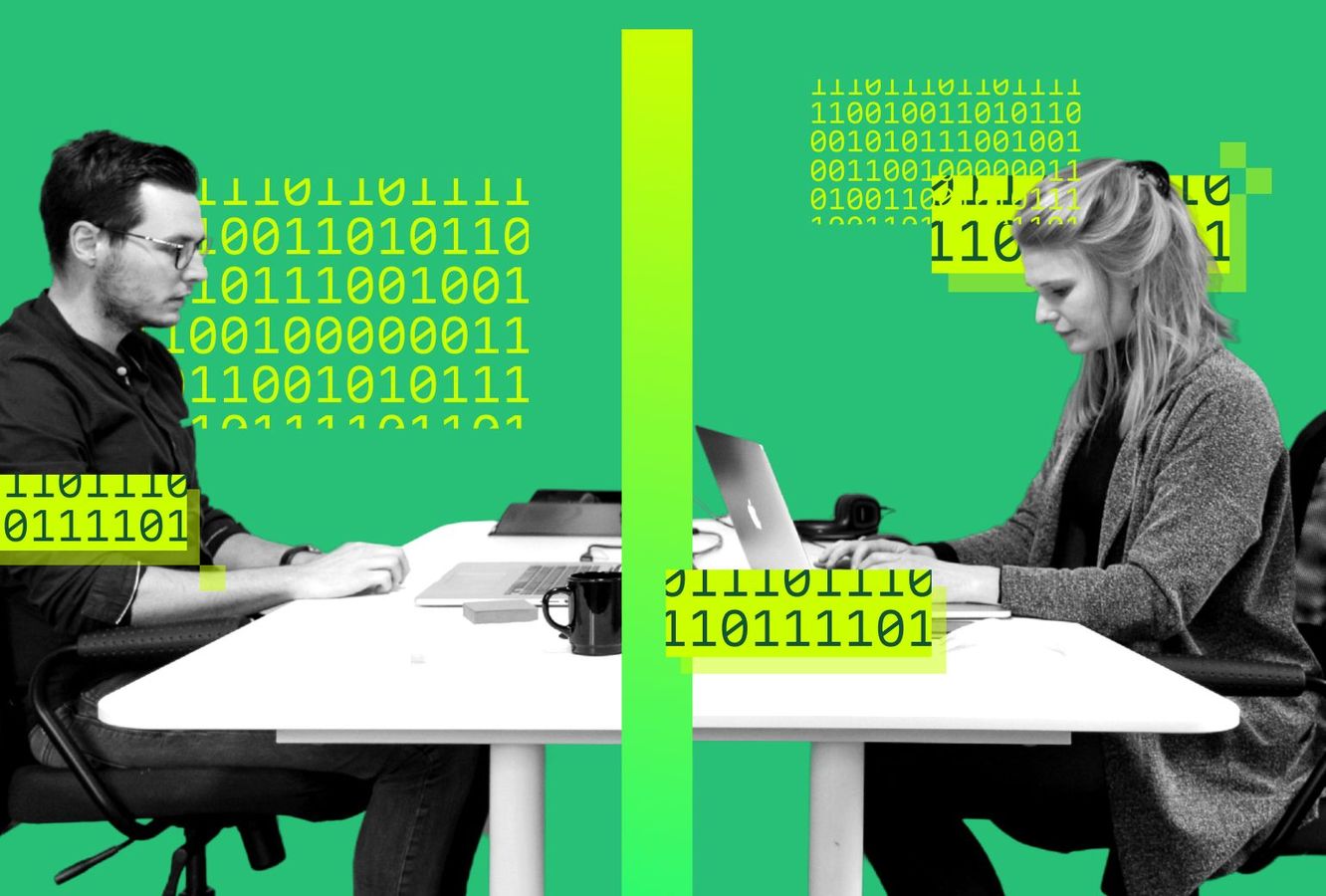 Photo collage showing two people working at desks facing each other looking somewhat dejected, and between them is a rectangular barrier with binary code around it.