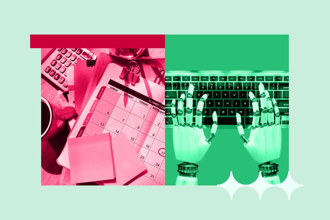 Photo collage showing two images side by side. On the left, a top-down view of a messy desk, with a calendar, post-it notes, paperwork, calculator, and cup of coffee. On the right, a top-down view of a clean desk with just two robot hands type on a computer keyboard.