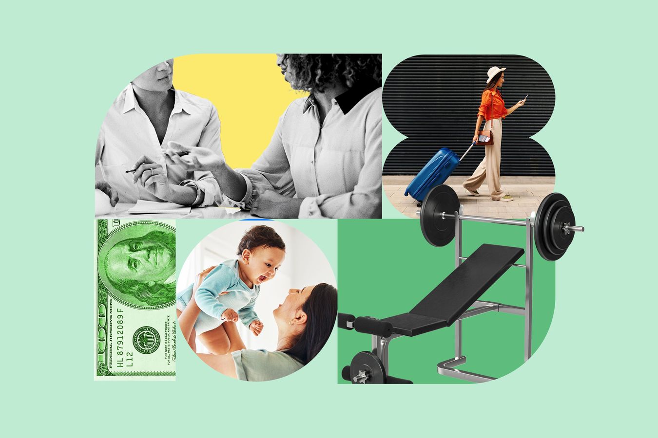 A collage showing employees taking advantage of health and wellness benefits.
