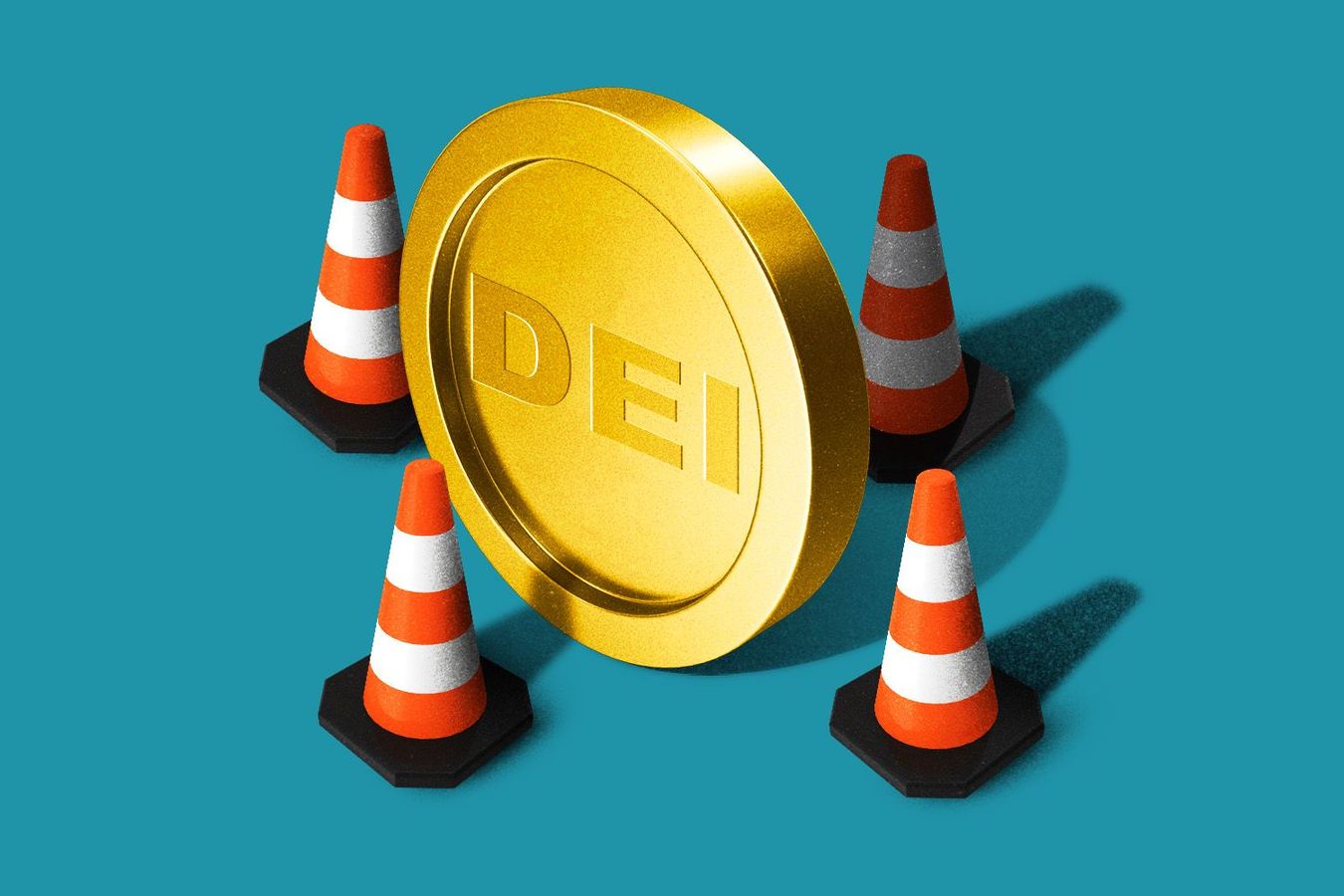 DEI Coin surrounding by traffic cones.