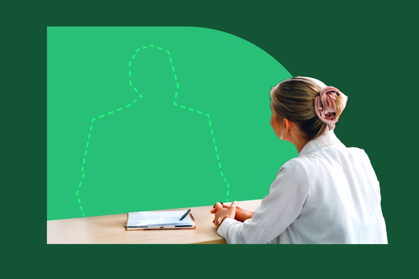 Photo collage showing the back of an interviewee as if they are speaking to an interviewer at a table, but the interviewer is just a dotted outline.