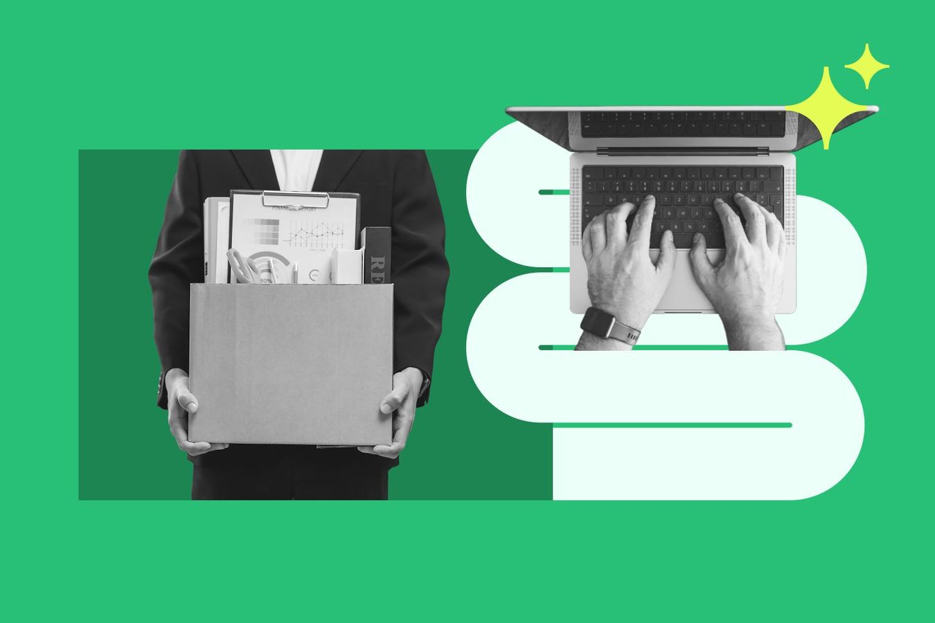 Photo collage showing a person holding a box containing the contents of their desk on the left, with a geometric swerving line connecting them to a heads-down view of a person typing on a laptop with AI sparks (4-sided stars).