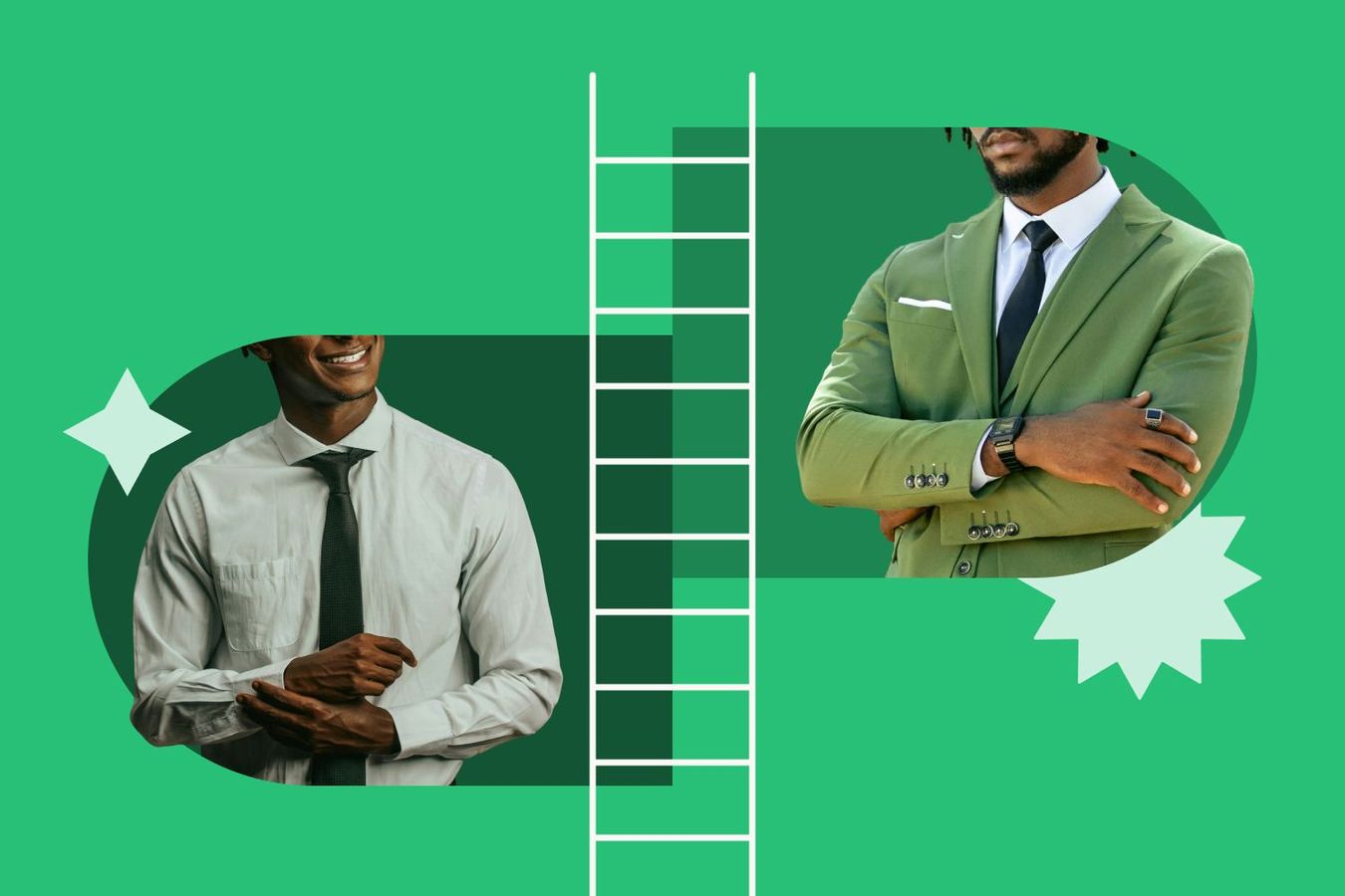 Photo collage showing a graphic ladder in the middle - on the bottom left side is a young dark-skinned man wearing a button-down shirt and tie, on the top right is a slightly older dark-skinned man wearing a green blazer, implying it's the same person but with more professional experience.