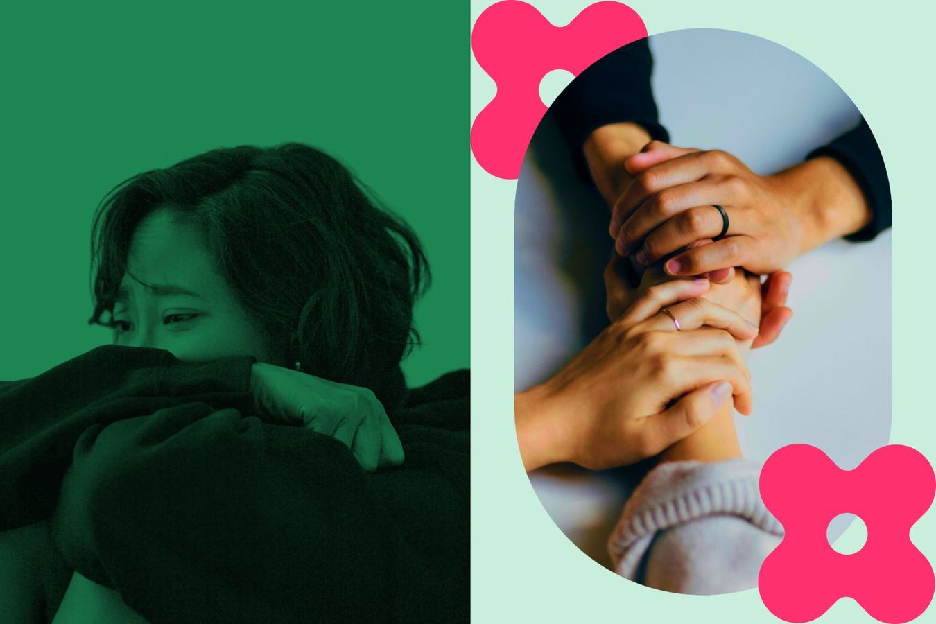 A collage image split into two panels. The left panel, with a green color cast, shows a close-up of a person crying, with their face hidden in their arms. The right panel, within an oval cutout against a light green background, features two pairs of hands linked together.