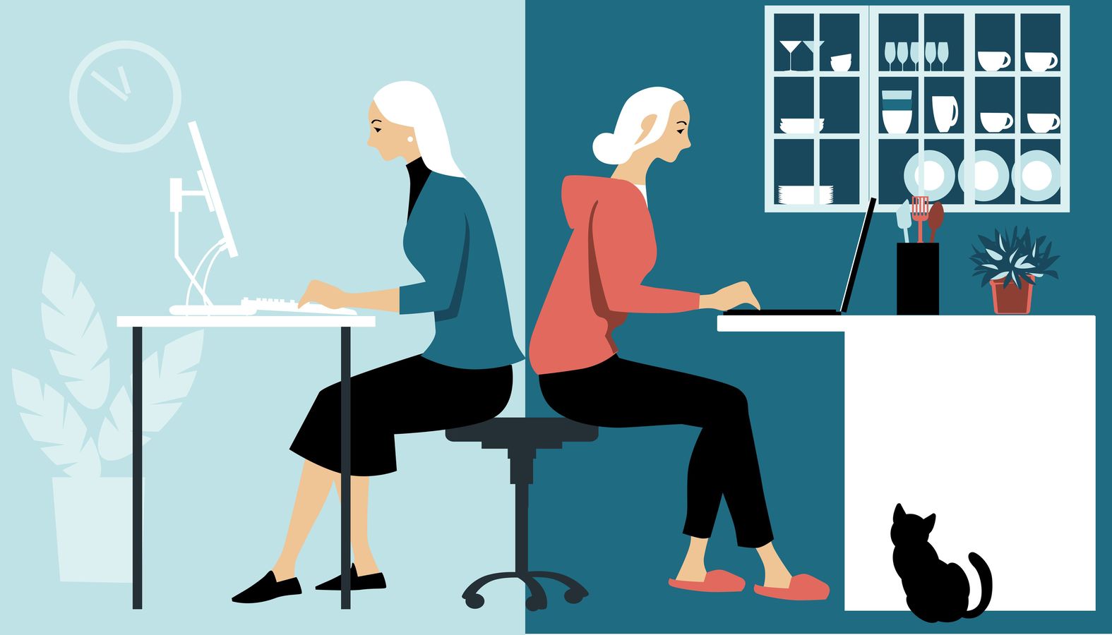 Drawing of two women working, one at home with a cat by her side and one woman working in office