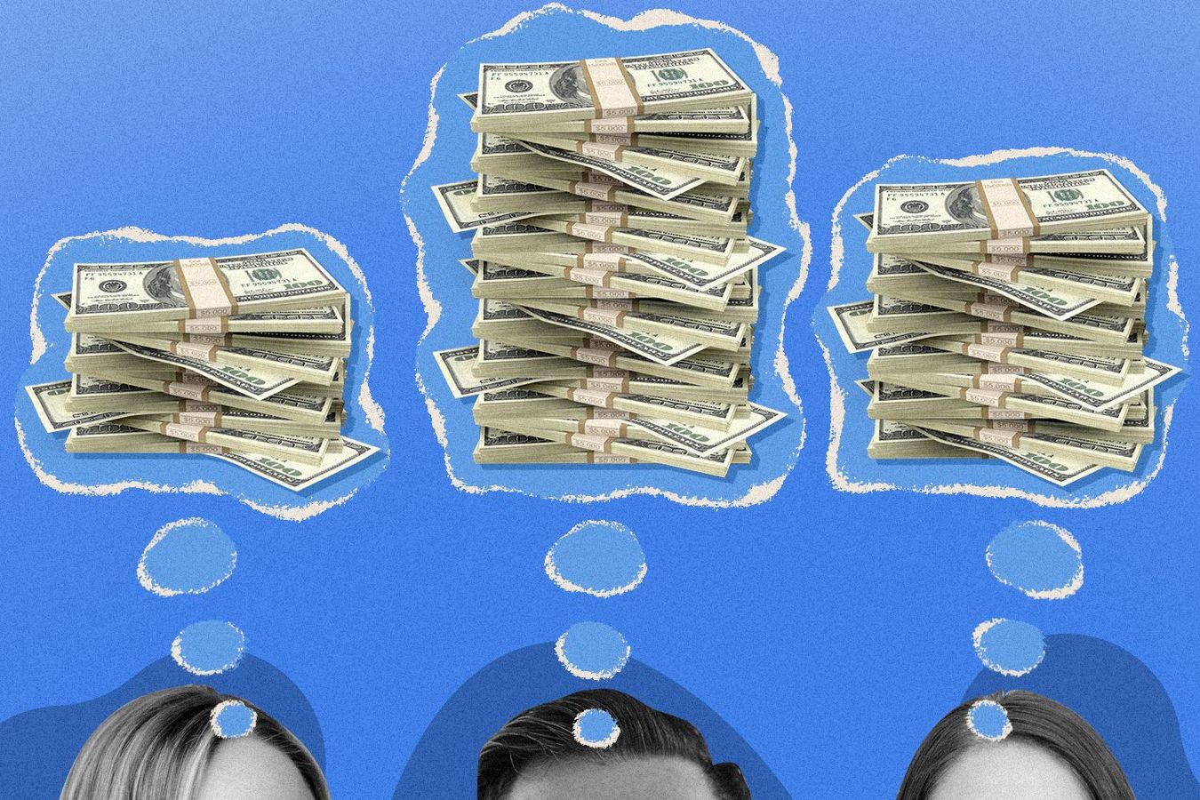Stacks of cash in different amounts appear in thought bubbles above people's heads.