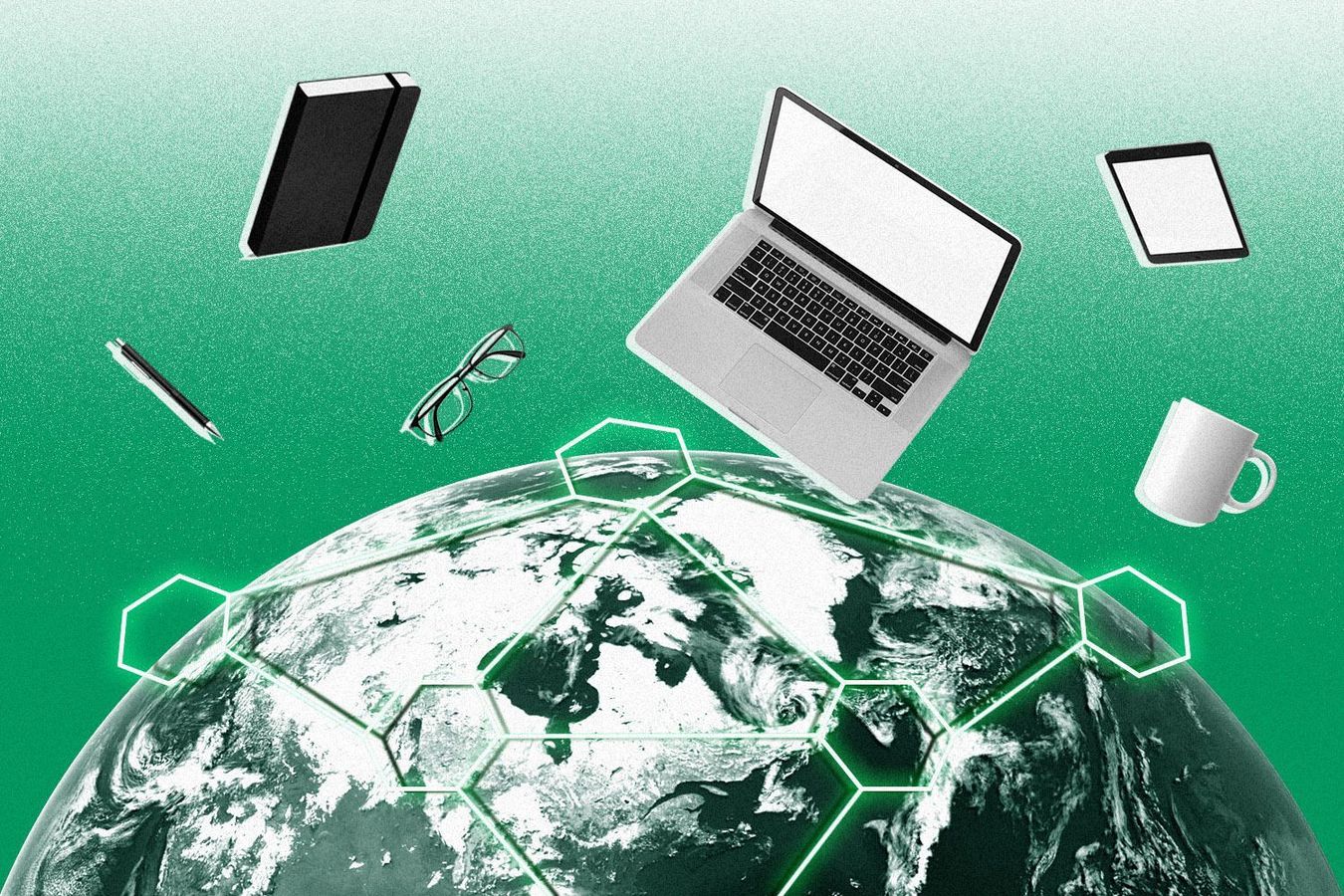 a globe with symbols of office life floating above