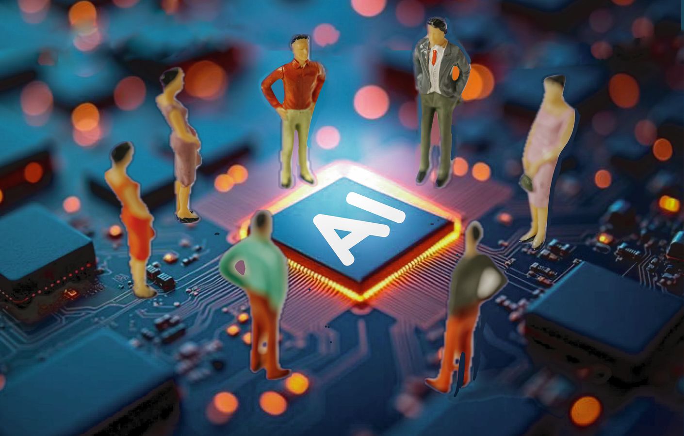 employees all gathered around a AI microchip gathered 