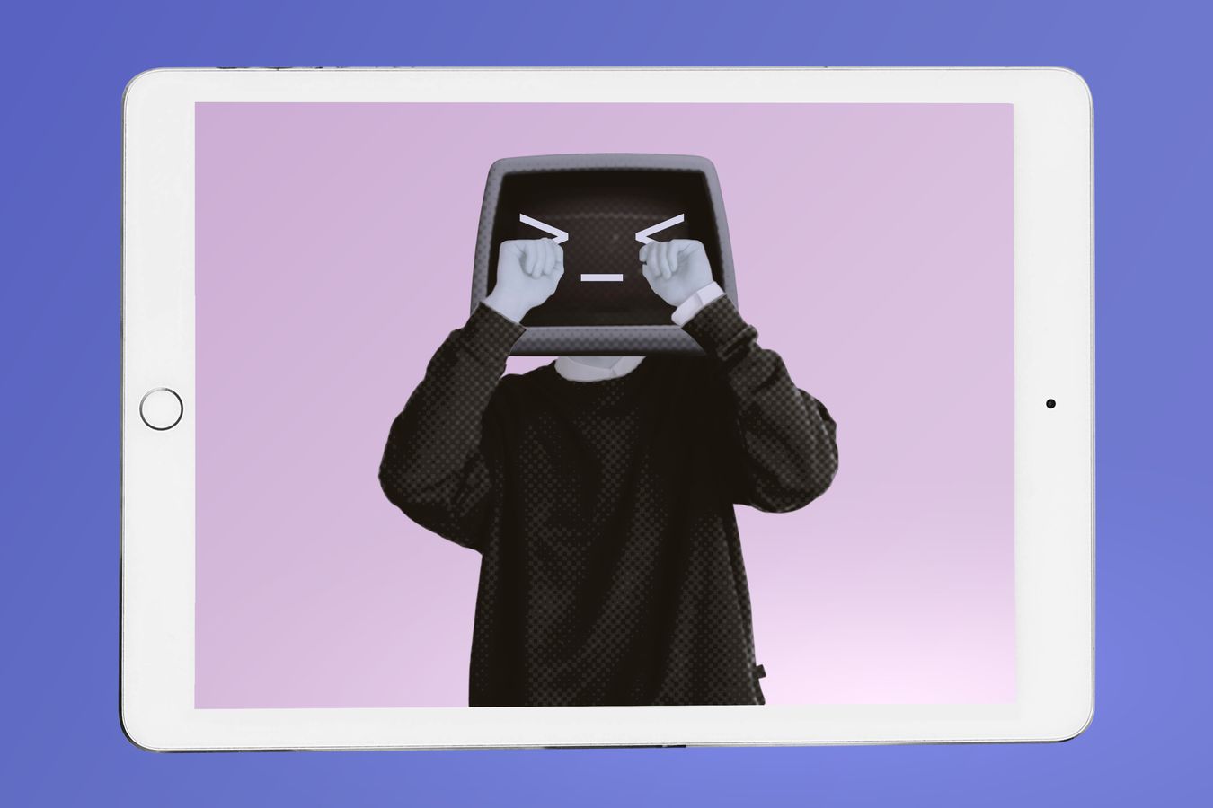 crying AI person behind a retro looking screen with human hands drying tears