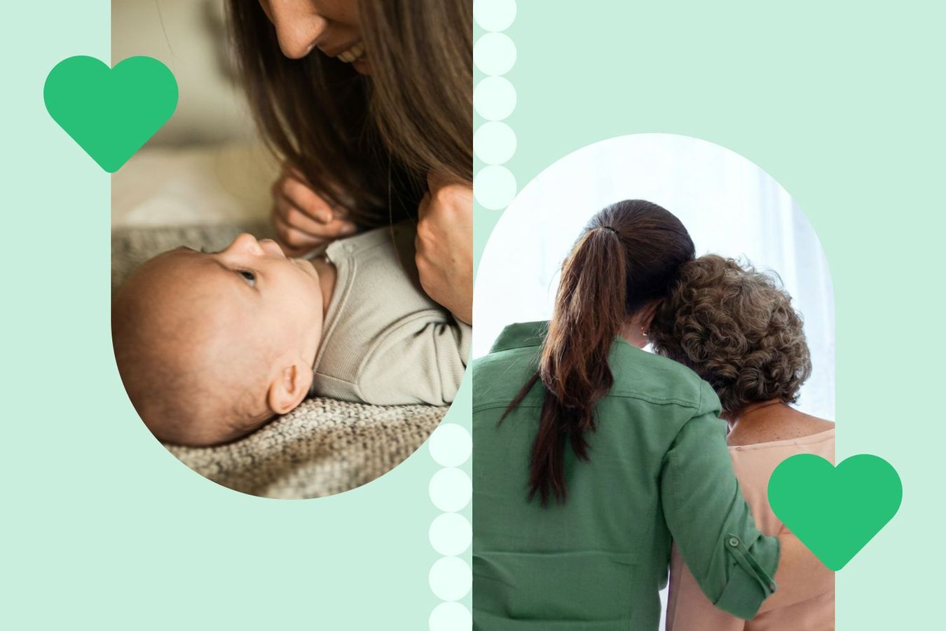 Photo collage showing two images juxtaposed next to each other one, one is a close crop of a woman leaning over a young baby, her face is obscured by her long straight brown hair but her smile is visible. Next to that is a view from behind of presumably the same woman giving her mother a side hug.