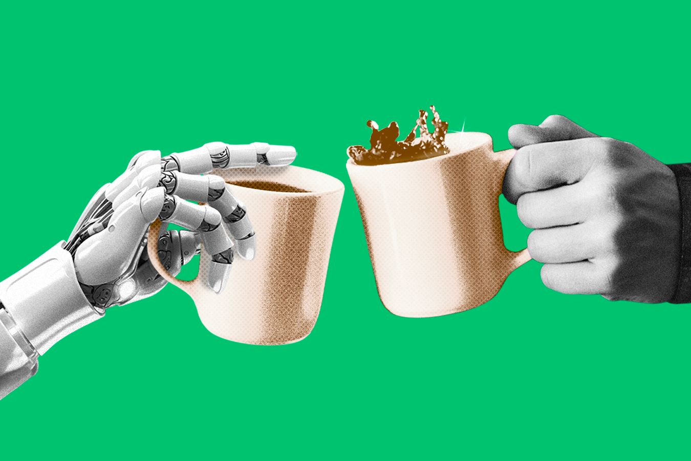 A robotic hand and a human hand clinking coffee mugs together.