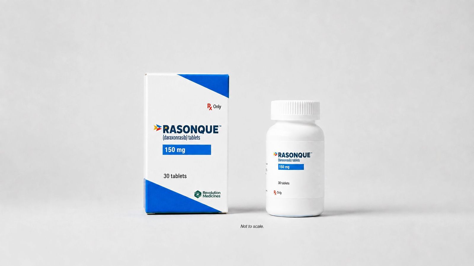 Image of a bottle of the pancreatic cancer drug Rasonque, alongside its packaging.
